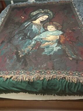 Woven Madonna & Child Throw Blanket - Teal, Brown, Cream